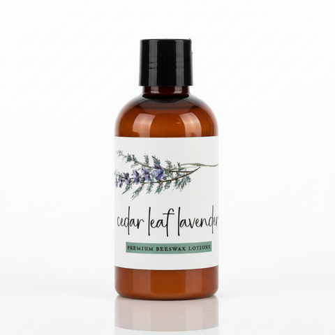 Cedar leaf lavender premium beeswax lotion packaging with natural ingredients text.