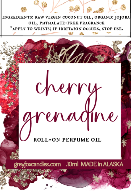 Cherry Grenadine roll-on perfume oil packaging with abstract art design and product details.
