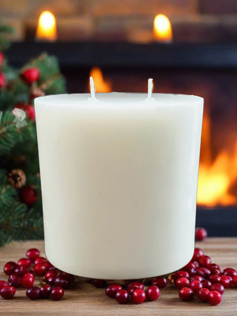 A white, pillar-shaped candle refill with multiple wicks, designed to fit inside a 12oz Grey Fox Candle AURA GLASS JAR.