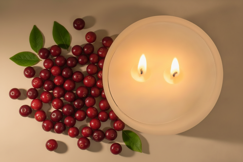 A lit cream-colored candle with two flames sits on a beige surface next to scattered fresh red cranberries, white birch bark peels and green leaves.
