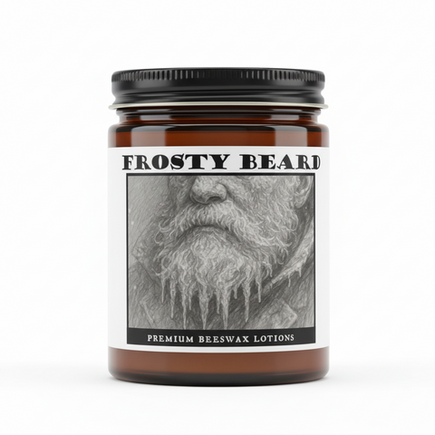 Frosty Beard premium beeswax lotion with a black and white illustration of a bearded man with icicles on his frosty beard.