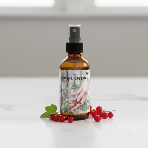 An amber glass spray bottle labeled 'foraged currant' with a black spray top, styled on a white marble surface with red currants and a green leaf.