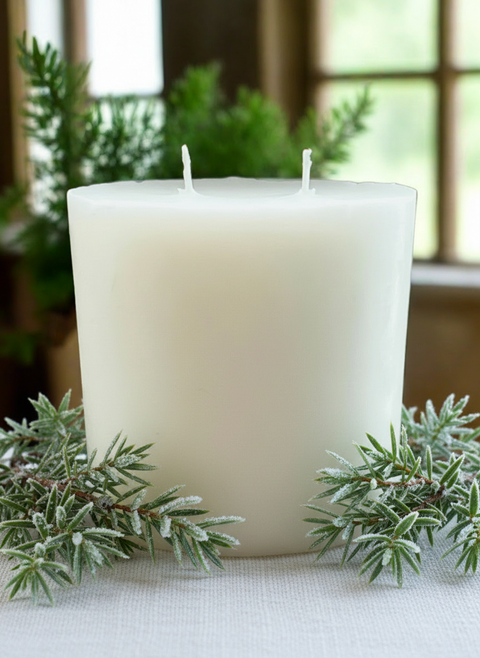 A white, pillar-shaped candle refill with multiple wicks, designed to fit inside a 12oz Grey Fox Candle AURA GLASS JAR.