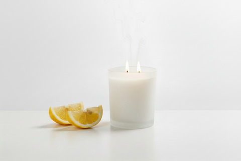 A white double-wick candle in a frosted glass jar with two lit wicks and visible smoke rising, styled on a white surface with two lemon slices beside it against a clean white background.