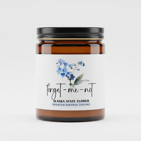 Forget Me Not (Alaska State Flower) Premium Beeswax Lotion packaging with floral design by Grey Fox Candles