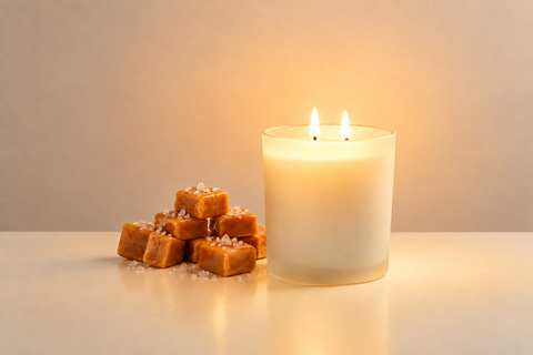 baked Alaska candle, white frosted candle jar, two lighted wicks, butterscotch bourbon candy cubes by the candle in a warm glow