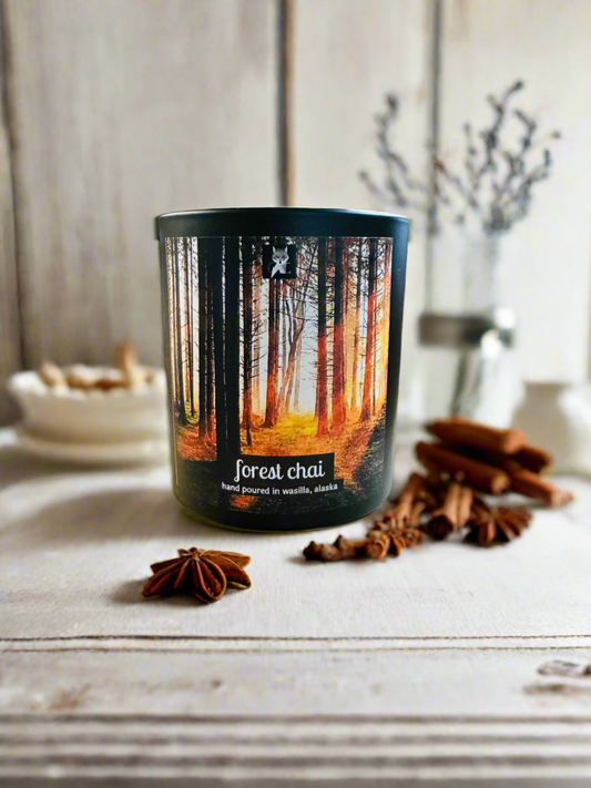 forest chai candle, grey fox candles, made in alaska candle