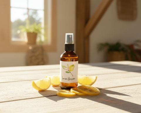 Bottle of lemon blossom spray on a wooden table with lemon slices.