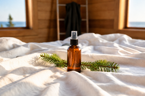 An amber glass spray bottle sits on rumpled white bedding, styled with green pine branches in a softly lit bedroom setting.
