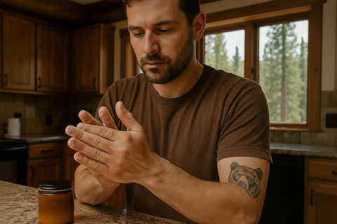 Man in a brown shirt sitting at a kitchen counter with a jar of honey, surrounded by wooden cabinets and a window with a view of trees.