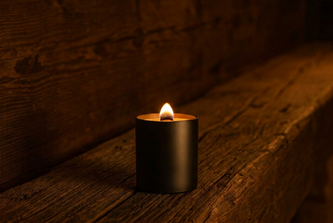 A matte black candle with a lit flame sits on wood beam, warm, cozy lighting