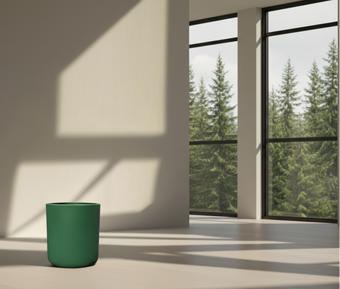 matte pine aura glass candle jar and large windows with spruce trees outside