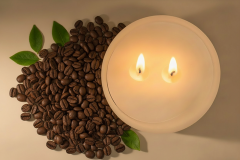 A lit cream-colored candle with two burning wicks sits next to a pile of roasted coffee beans with two green leaves, on a warm beige background.