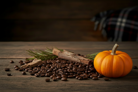 A pile of roasted coffee beans on a rustic wooden surface, garnished with a cinnamon stick and green sprigs, and a pumpkin, with a dark blurred background.