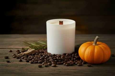 A white pillar-style candle with a small wooden wick sits on a rustic wooden surface surrounded by coffee beans, a small orange pumpkin, and a sprig of greenery against a dark blurred background.