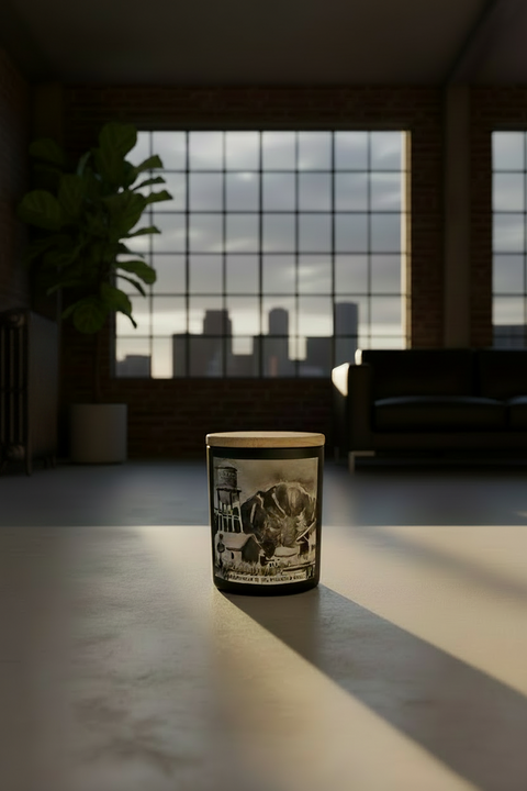matte black glass jar candle with a label featuring the Palmer Water Tower and Pioneer Peak in Alaska, staged in a modern city apartment