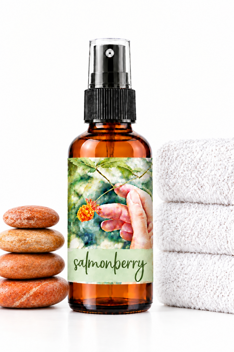 An amber glass spray bottle with a black spray pump and a custom label reading 'salmonberry' with a photo of a hand holding a salmonberry, styled on a white surface with a spa rocks on the left and folded white towels on the right.
