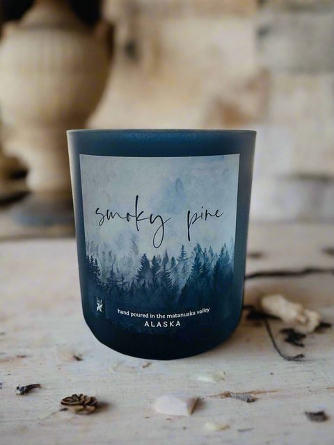 SMOKY PINE COCONUT WAX CANDLE, CLEAN BURNING, MADE IN ALASKA, ALASKA MADE, GREY FOX CANDLES, ALASKA CANDLE COMPANY