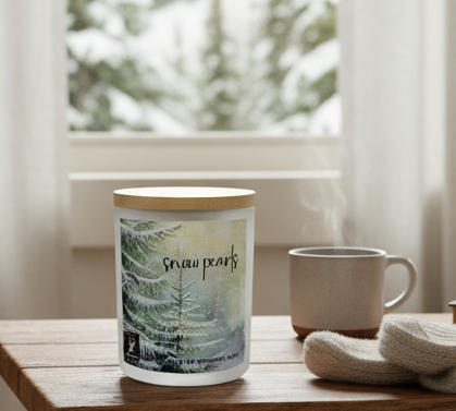 A jar candle with a light bamboo lid and a label reading 'Snow Pearls' sits on a wooden table next to a mug, folded mittens, and books in a cozy room setting with a window showing a snowy pine trees.