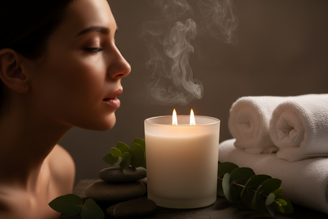 Woman with eyes closed, lit candle, and towels in a serene setting