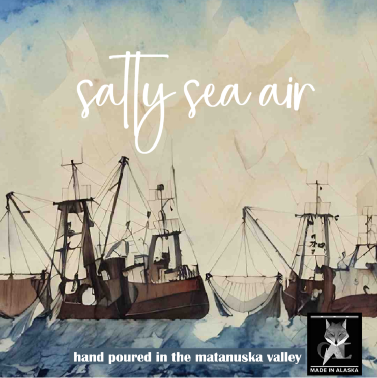 Artistic depiction of ships on water with 'salty sea air' text and branding elements.