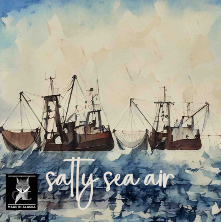 Artistic depiction of ships on water with 'salty sea air' text and 'Made in Alaska' logo.
