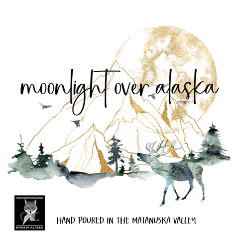 Artistic depiction of a moonlit landscape with mountains, trees, and a deer, featuring the text 'moonlight over alaska' and 'Made in Alaska'.