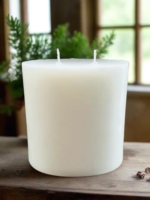 A white, pillar-shaped candle refill with multiple wicks, designed to fit inside a 12oz Grey Fox Candle AURA GLASS JAR.