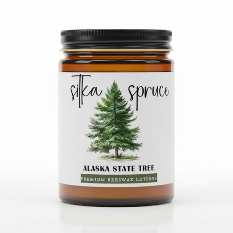 Advertisement for Sitka Spruce Alaska State Tree premium beeswax lotion with a tree illustration on a white background.