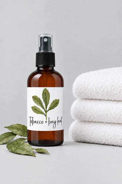 An amber glass spray bottle with a black spray pump and a custom label reading 'tobacco + bay leaf' with on a clean white surface, bay leaves on the left and folded white towels on the right.