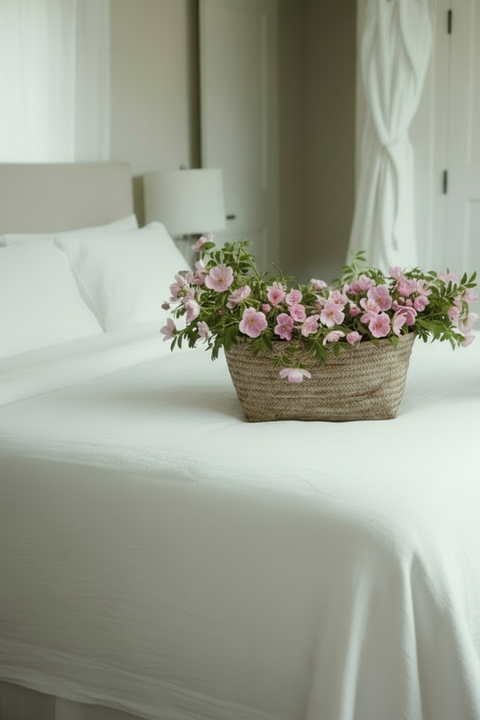 A woven basket filled with pink tundra rose flowers sits on the bed.