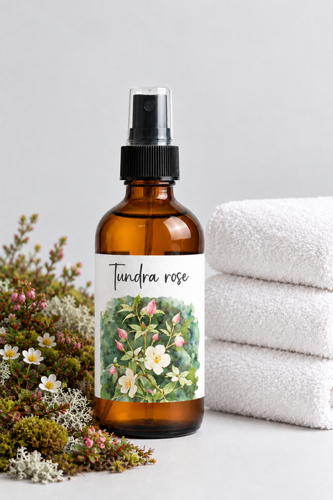 An amber glass spray bottle labeled 'Tundra rose' with a black spray pump and a floral illustration on the label, standing on a light gray surface with tundra moss on the right and folded white towels behind it.