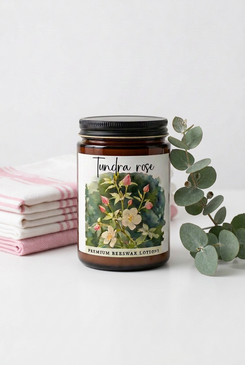 An amber glass jar of Tundra Rose premium beeswax lotions with a black metal lid and a white label featuring a watercolor illustration of pink rose blossoms, set against a plain white background.  Pink + white pinstripe turkish towels set on the left, eucalyptus sprig on the right.
