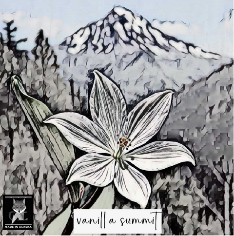 Album cover art for 'vanilla summit' featuring a stylized black and white illustration of a lily flower in front of a snow-capped mountain and forest. A square 'Made in Alaska' logo is in the bottom-left corner.