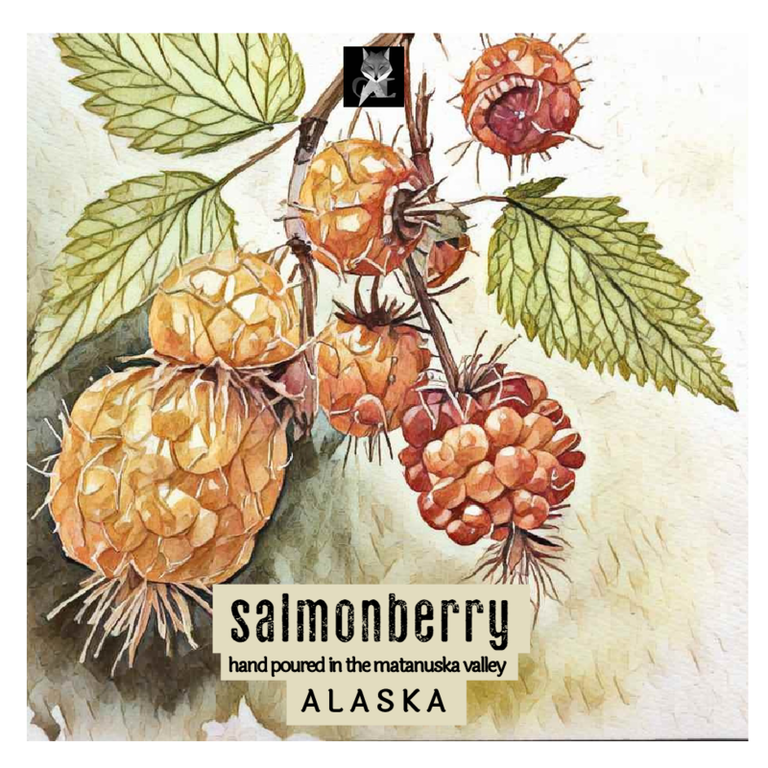 salmonberry premium watercolor art label, grey fox candles, alaska candle company, made in alaska