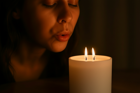 Person with eyes closed holding a lit candle in a dark setting