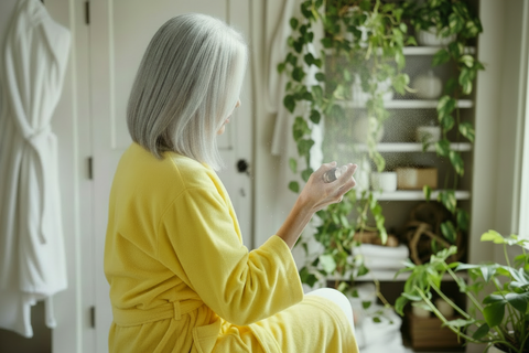 A woman with shoulder-length gray hair, seen from behind, wearing a lemon yellow robe and holding a small spray bottle in a bright bathroom. White robes hang on the left, and a shelf with toiletries and houseplants are visible in the background.