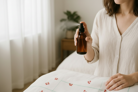 Woman holding an amber glass bottle  linen + room spray in a bedroom setting