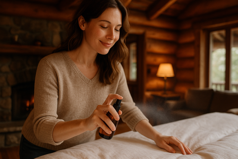 woman using linen spray on fresh linens, grey fox candles, made in alaska
