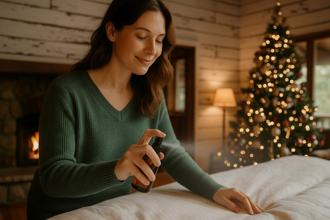 A woman in a green sweater sprays a room spray from a dark amber bottle onto a white bed in a cozy, farmhouse bedroom.  Christmas tree decorated in the corner.