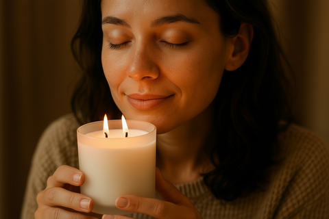 Woman holding a lit candle with a warm glow, eyes closed.