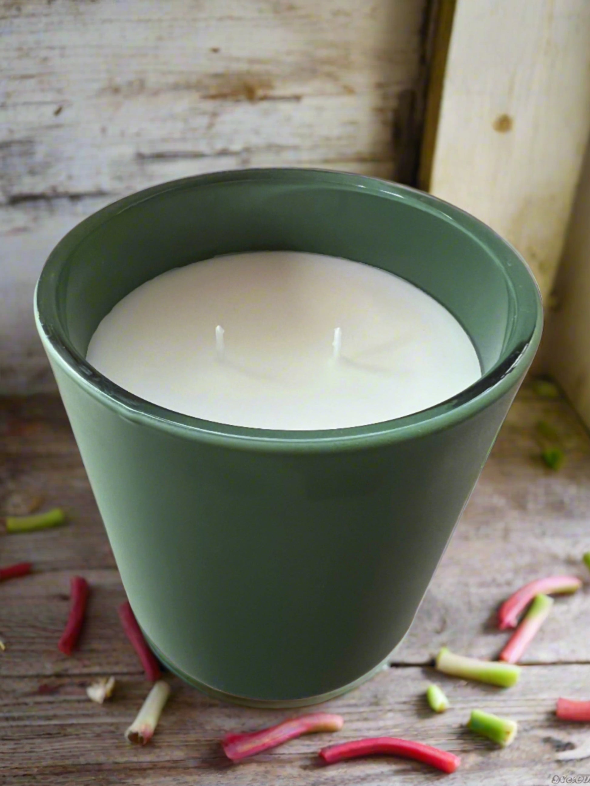 rhubarb coconut wax candle, made in alaska, grey fox candles