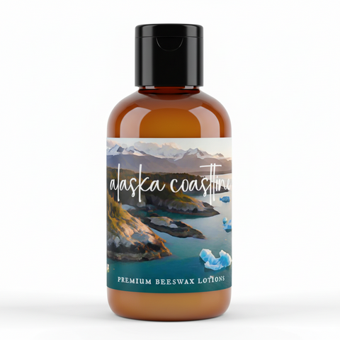 Bottle of Alaska Coastline premium beeswax lotion with a scenic label on a white background
