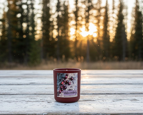 Cranberry Candle with a label on a wooden surface during sunset with trees in the background