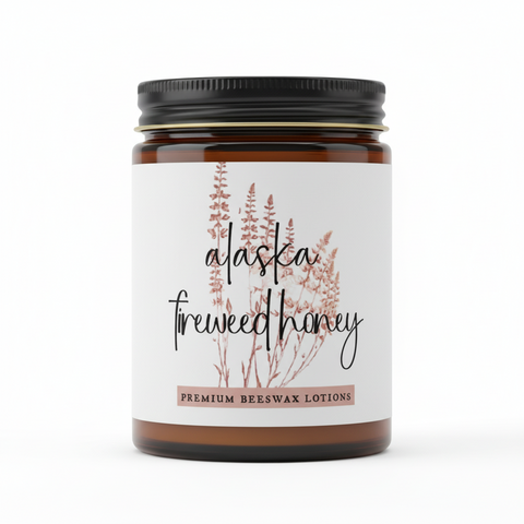 Jar of 'Alaska Fireweed Honey' premium beeswax lotion on a white background