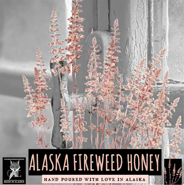 Alaska Fireweed Honey packaging with fireweed flowers and a gray background
