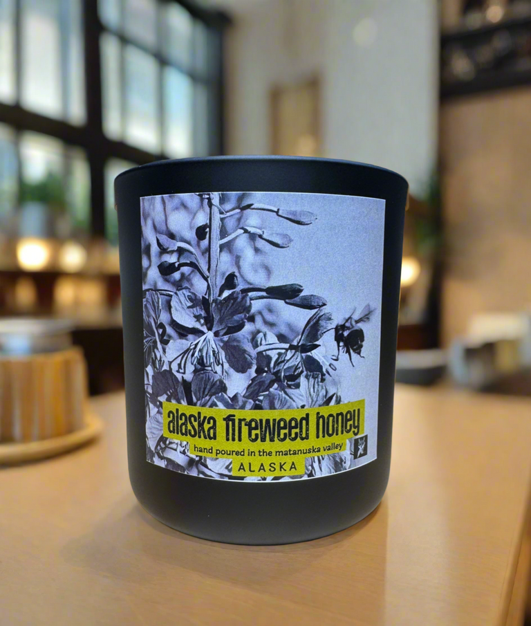 alaska fireweed honey candle, made in alaska, grey fox candles, alaska made, alaska candle company
