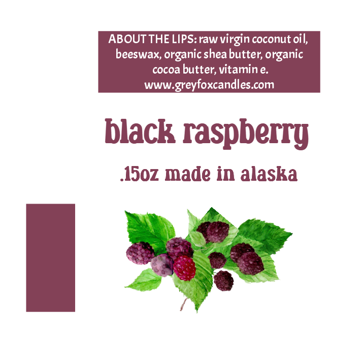 beeswax lip balm, grey fox candles. made in alaska. alaska made, black raspberry