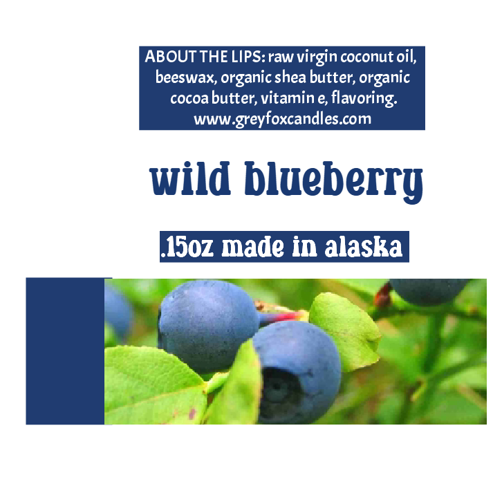 beeswax lip balm, grey fox candles. made in alaska. alaska made, blueberry, wild blueberry