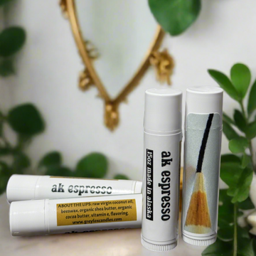 beeswax lip balm, grey fox candles. made in alaska. alaska made, espresso